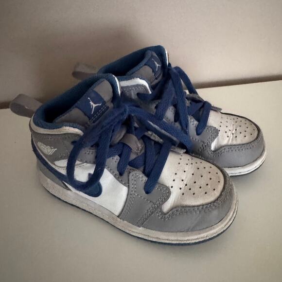 Nike Jordan Toddler's 1 Mid Cement Grey/White True Blue Sneakers 8C Kids - Picture 1 of 8
